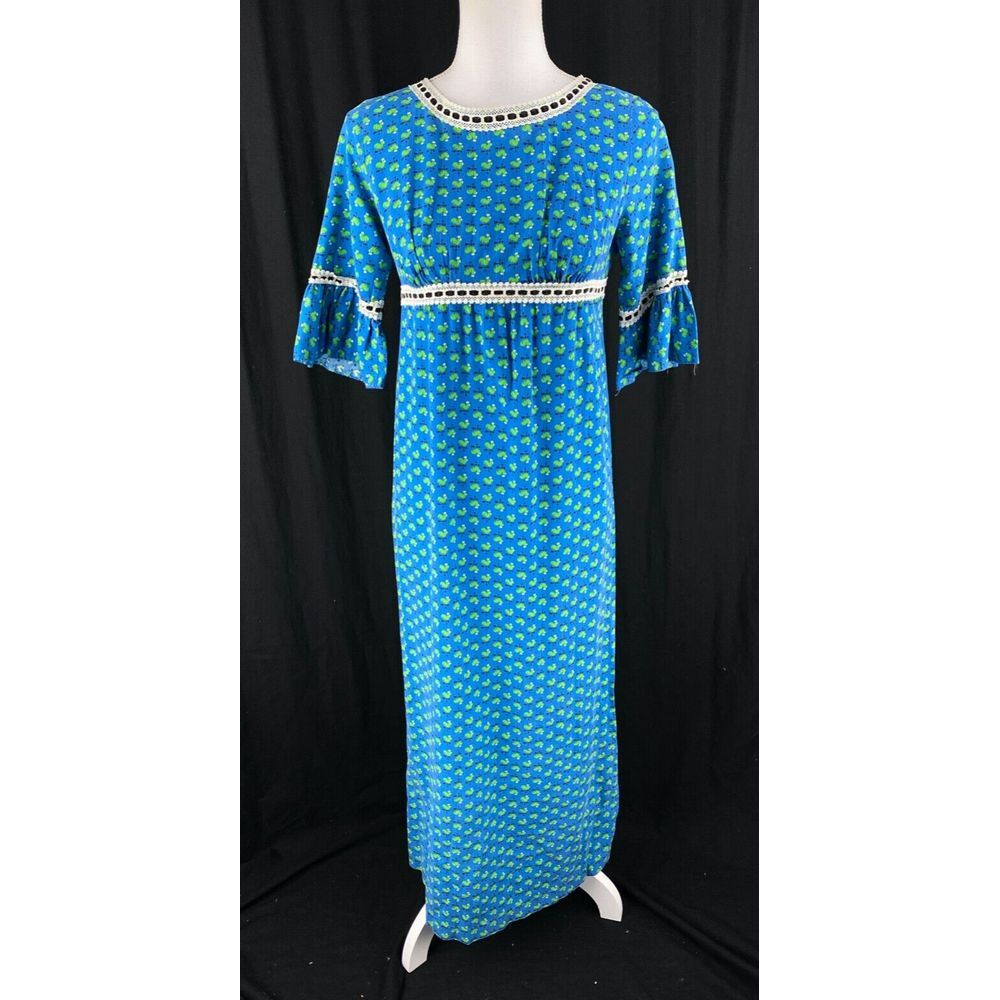 60s 70s Vtg Rooster Bird AOP Lace Trim Midi Cottagecore Prairie Dress Size Small
